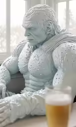 a large statue of a man is sitting near a beer