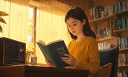 a woman sitting in a chair reading a book