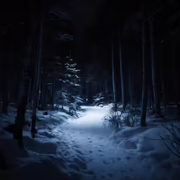 night path through snowy forest with lights in the dark