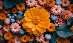 colorful flower arrangement with green leaves and blue berries
