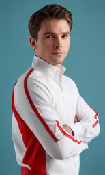 a man in red and white jacket standing with his arms crossed