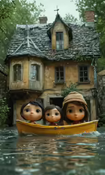 three people are riding in a boat across the water
