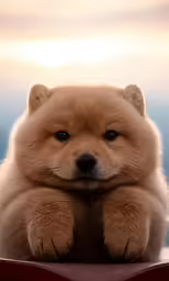 an adorable brown dog sitting on top of a red object