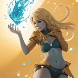 an animated woman holding a blue object