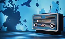 an old style radio sits in front of a world map