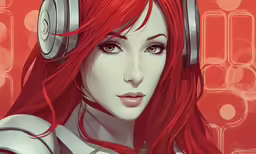 a red haired woman with headphones on