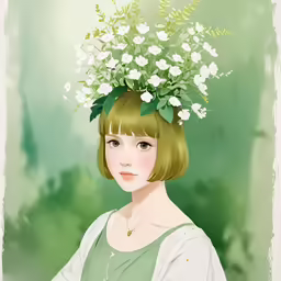 a digital painting shows a girl with a flower wreath on her head