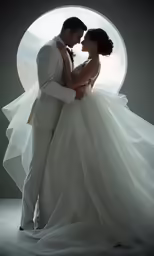 a newly wed couple embracing with a circle window behind them
