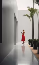 a woman in a long red dress and a hat with her back turned standing in a hallway