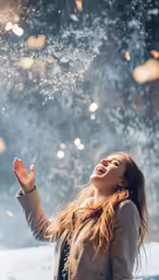 a woman standing outside, laughing and flying her hands up in the air
