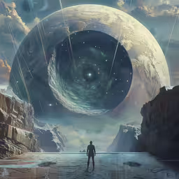 a person standing next to a giant moon and an alien,man standing in between two large mountains under a very large moon