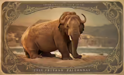 an elephant sits on the sand looking to its left