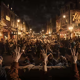people at a festival wave their hands and sit down
