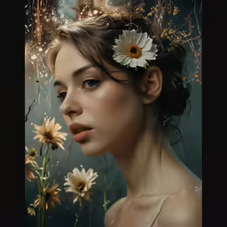 a girl with flowers in her hair stands by a wall