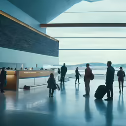 a group of people standing in an airport waiting for their luggage