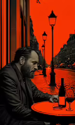 the man sitting at the table outside is looking down