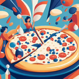 an abstract painting of a pizza being cut by people