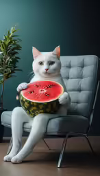 a white cat with a watermelon cut in half