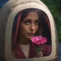 a girl holding a rose looking through a hole in a mirror