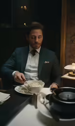 a man sitting at a table eating a meal