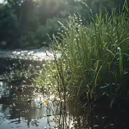 the sun is shining through some grass