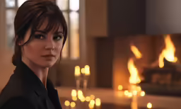 a woman standing in front of a lit fireplace