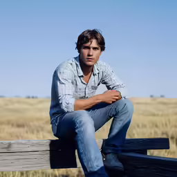 a young man is posing on a wooden fence
