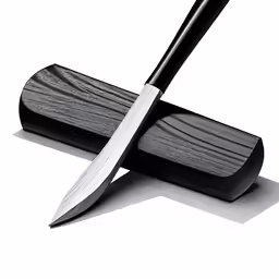 a knife that is on a stand with a wooden handle