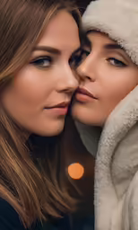 two woman are posing in front of lights for a holiday photo