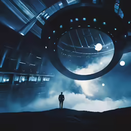 man standing in a dark scificent surrounded by fog and light