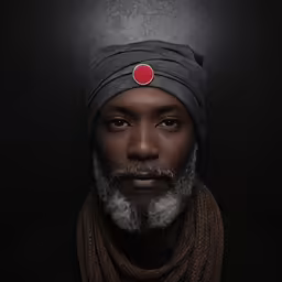 a black man with a red button on his head and scarf around his neck