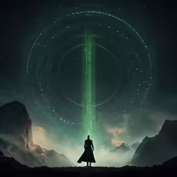 an alien standing in front of a huge green object