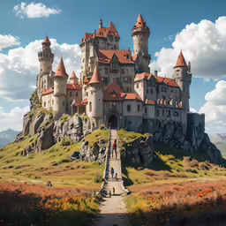 a castle on top of a hill, with people climbing it