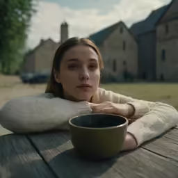 a young woman sits on a wooden bench with her arm wrapped up, a black bowl is beside her