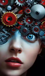the face of a woman with multiple gears and a clock on her head
