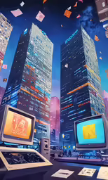 some buildings with a lot of screens on them