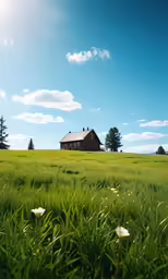 an old barn and farm house on a sunny day