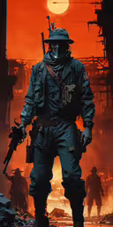 a soldier in a space suit with a rifle,a man standing next to a giant robot in the dark