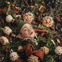 a child is smiling on some plants