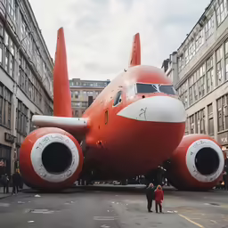 a huge red plane is sitting on the street