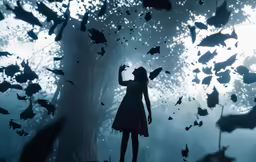 a person standing in front of a flock of bats