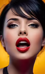 a woman with a red lip and a black choke