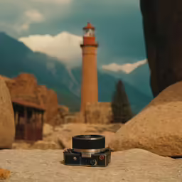 a camera on top of some rocks and a lighthouse in the background