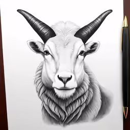 a goat with long horns is shown next to a pen and ink drawing