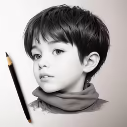 the head of a little boy with a pencil