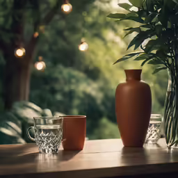 two vases on a table next to glasses