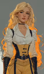 a woman in a blond wig and white blouse