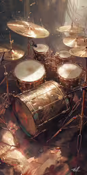 a picture of a drum set on top of a hard wood floor,an artistic photo of a metallic drum set