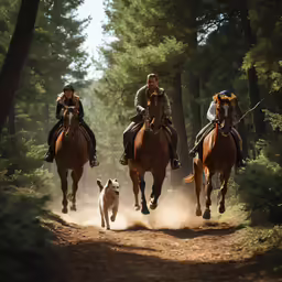 three riders and a dog travel down the trail
