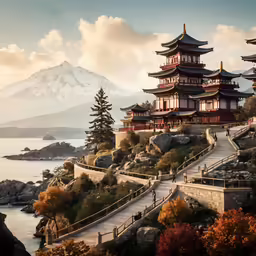 a picture of some tall buildings near a mountain